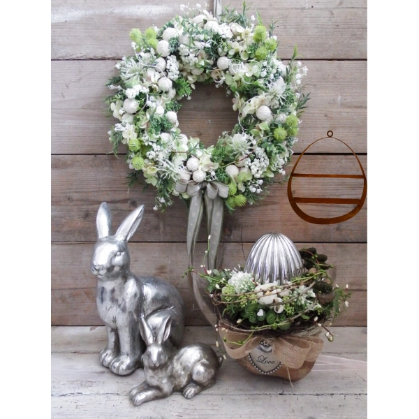 Pisanka Wielkanoc Zajączek loft ozdoba figurka metalowa jajko patyna H38cm